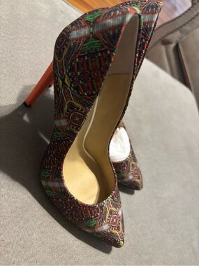 GX by Gwen Stefani Multicolor Patterned Pointed Toe Pumps with Orange Heel